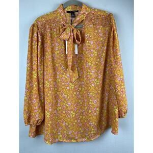 NWT A Love Story 2X Orange Floral Balloon Slv Neck Tie Silky LS Shirred Blouse